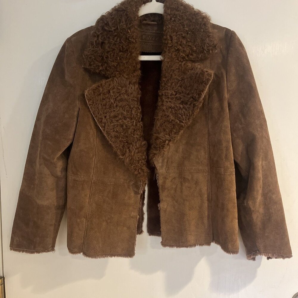 LaVee Brown Leather Open Jacket Shirt Faux Fur Women’s Sz S L Hardware On Sleeve